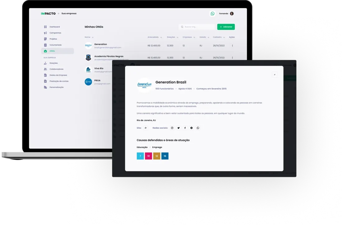 Tela de organizações de impacto da IMPACTO, com perfil, causas e projetos de cada OSC