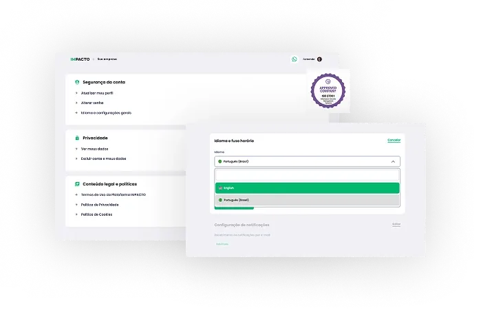 Tela de compliance, segurança e privacidade da plataforma IMPACTO